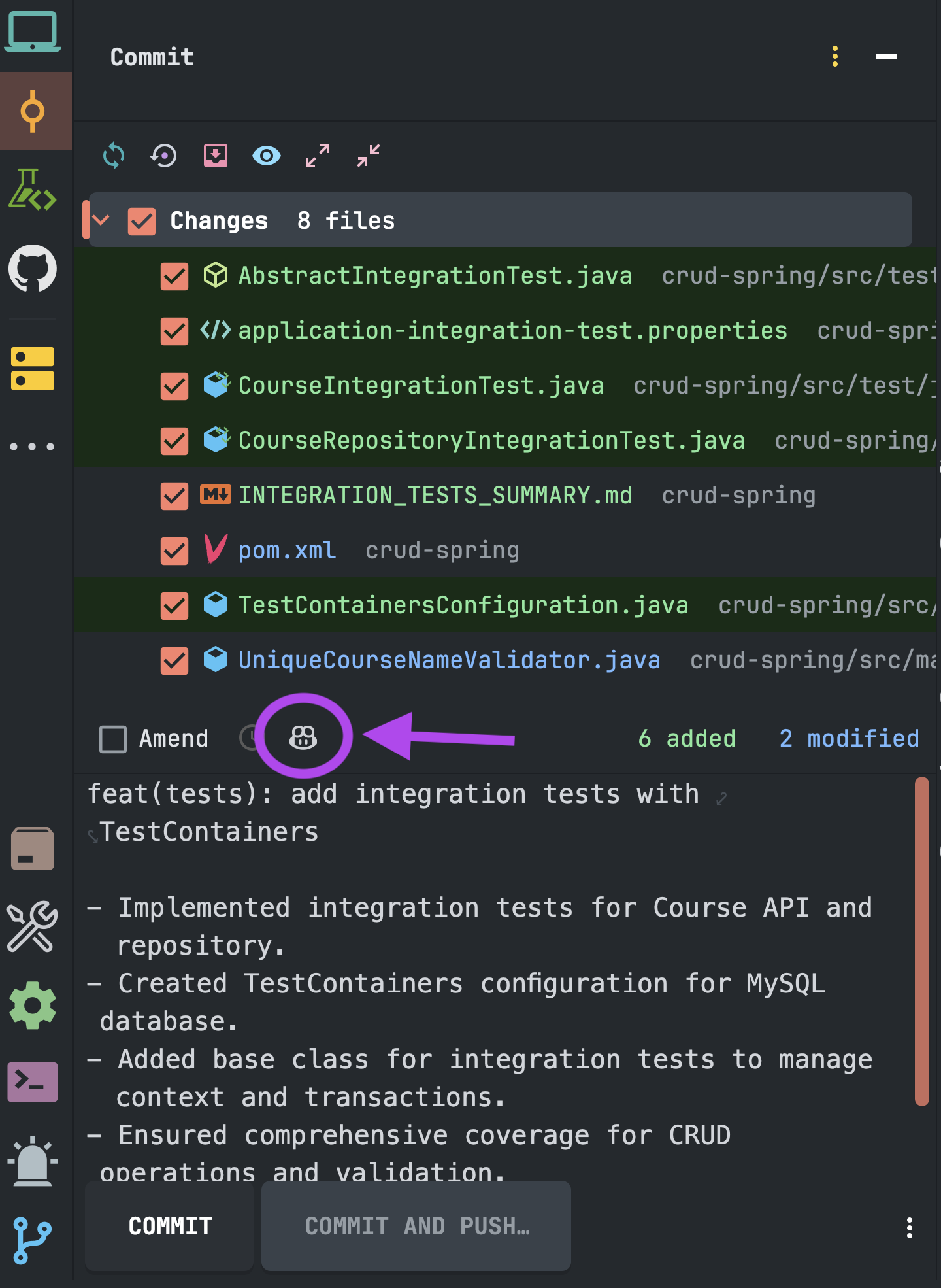IntelliJ Copilot Commit Message screenshot