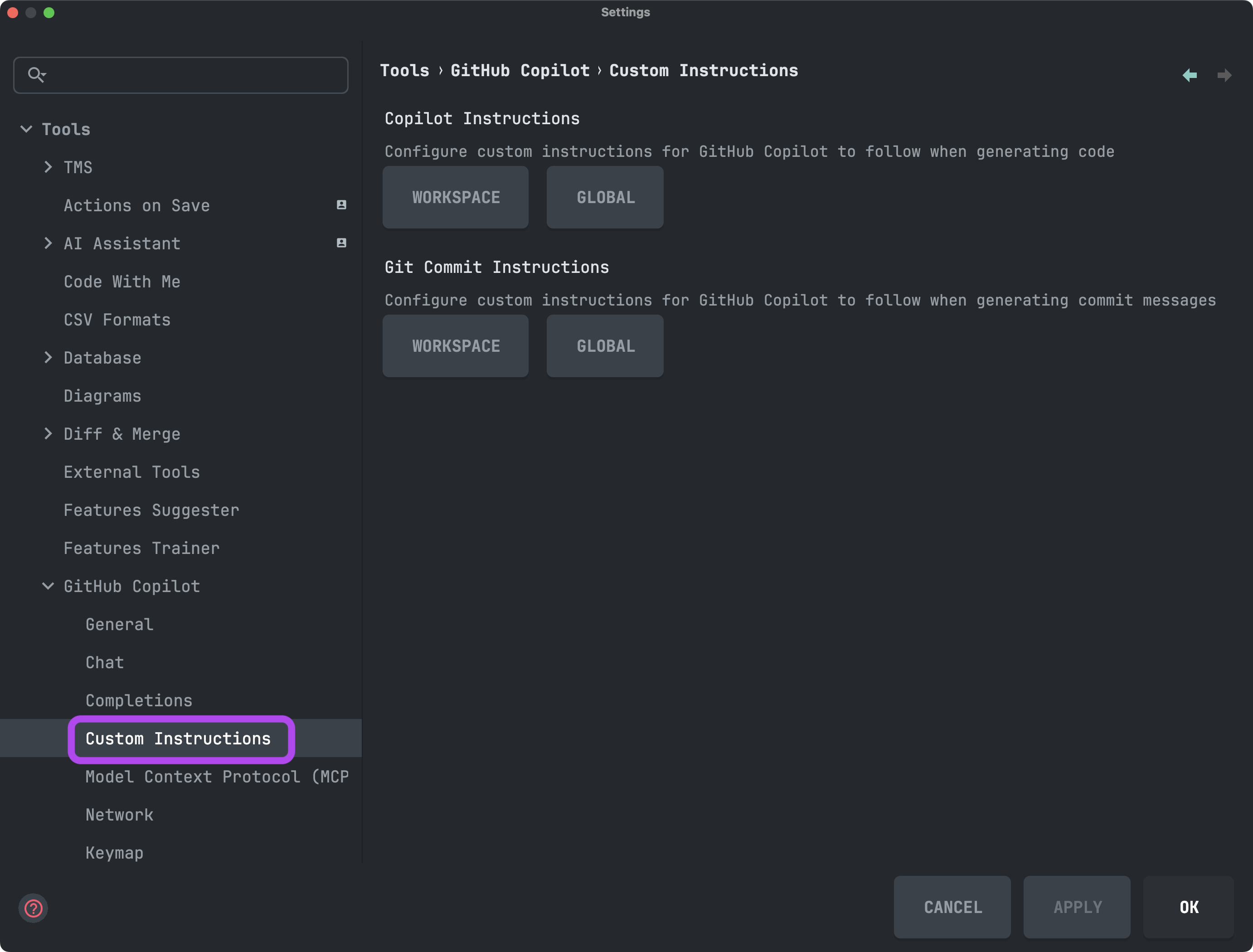 IntelliJ Copilot Custom Instructions screenshot