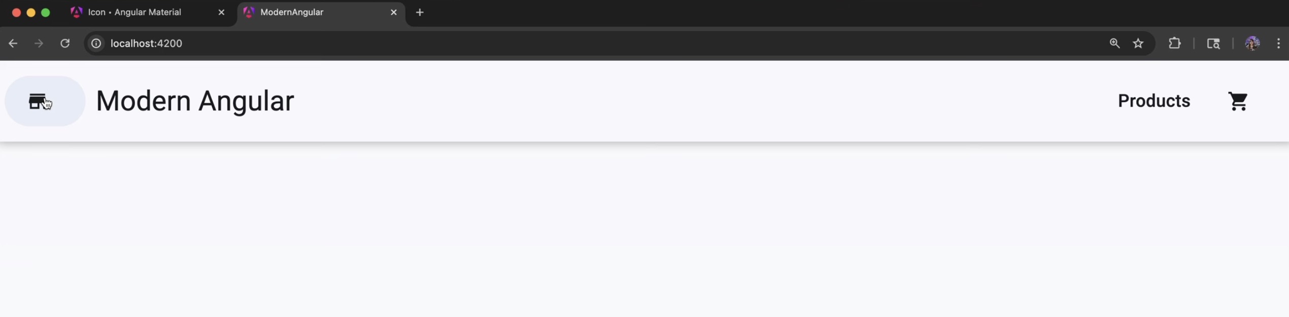 Angular Material header with store icon, brand label, Products button, and cart icon