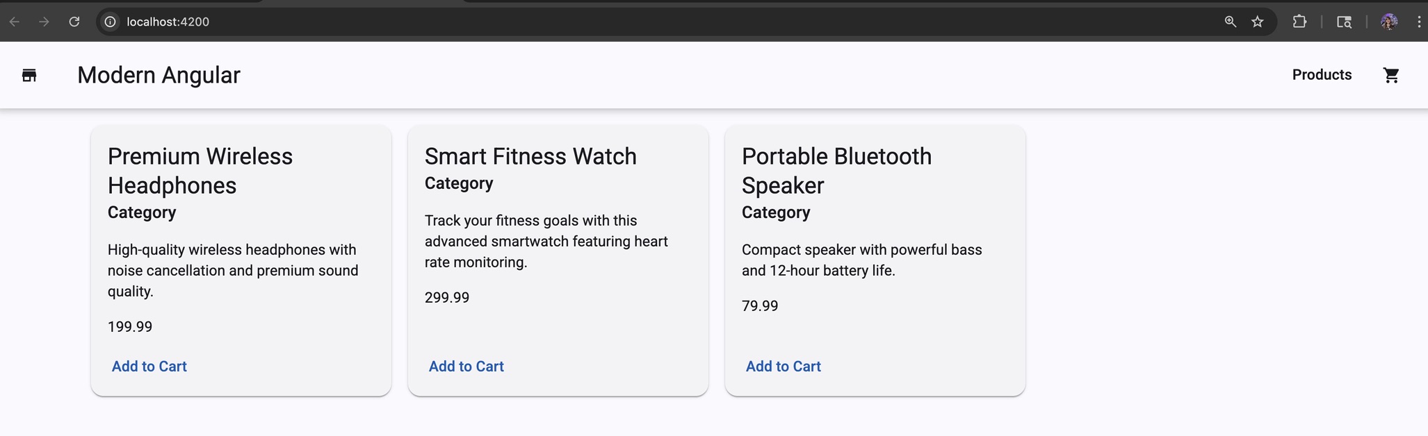 Product cards displaying real data passed from the parent component with input()