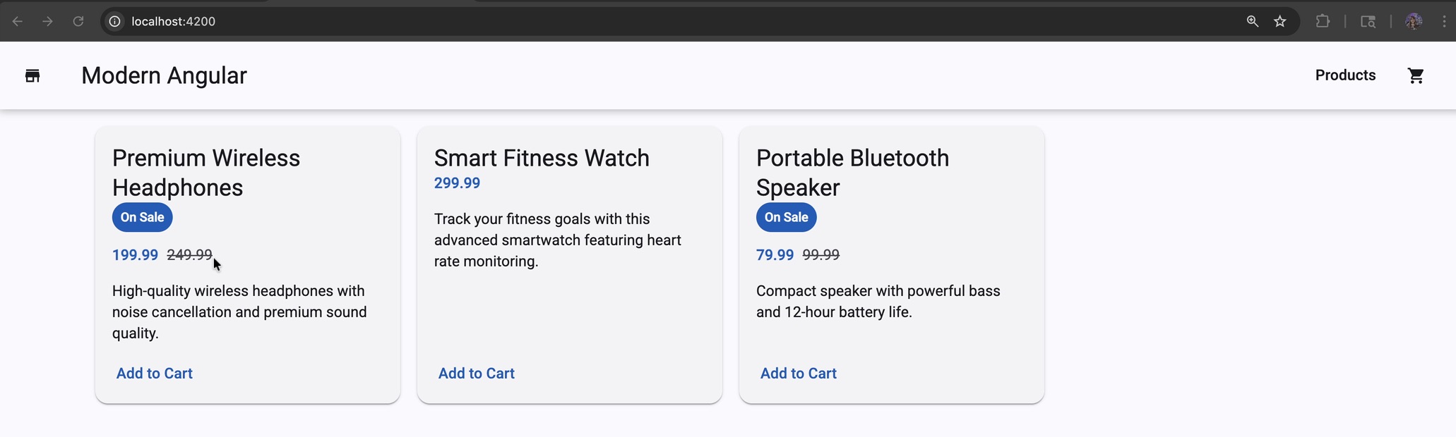 Product cards with conditional rendering showing sale badges and strikethrough pricing