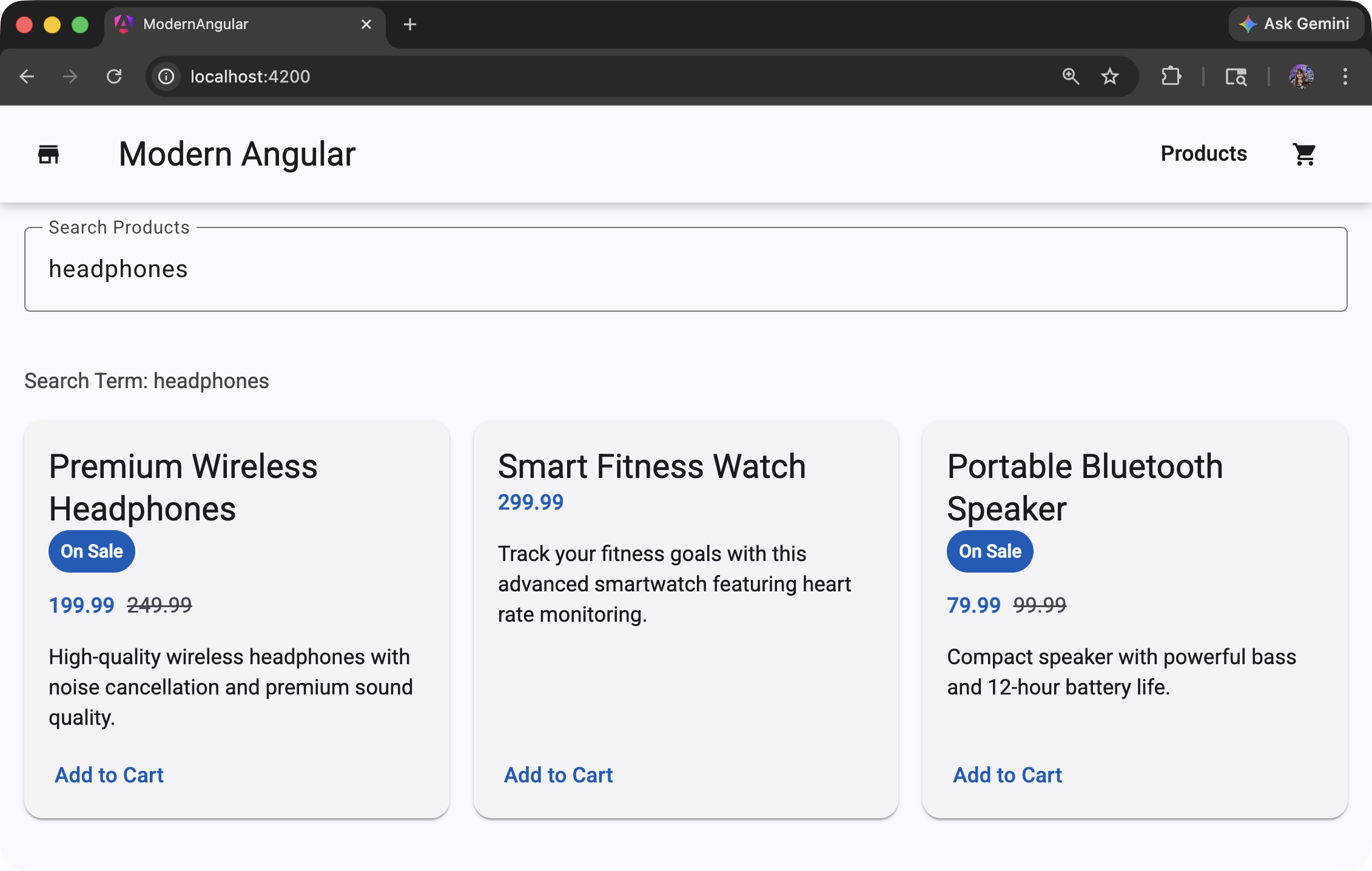 Products grid showing search input bound to a writable signal