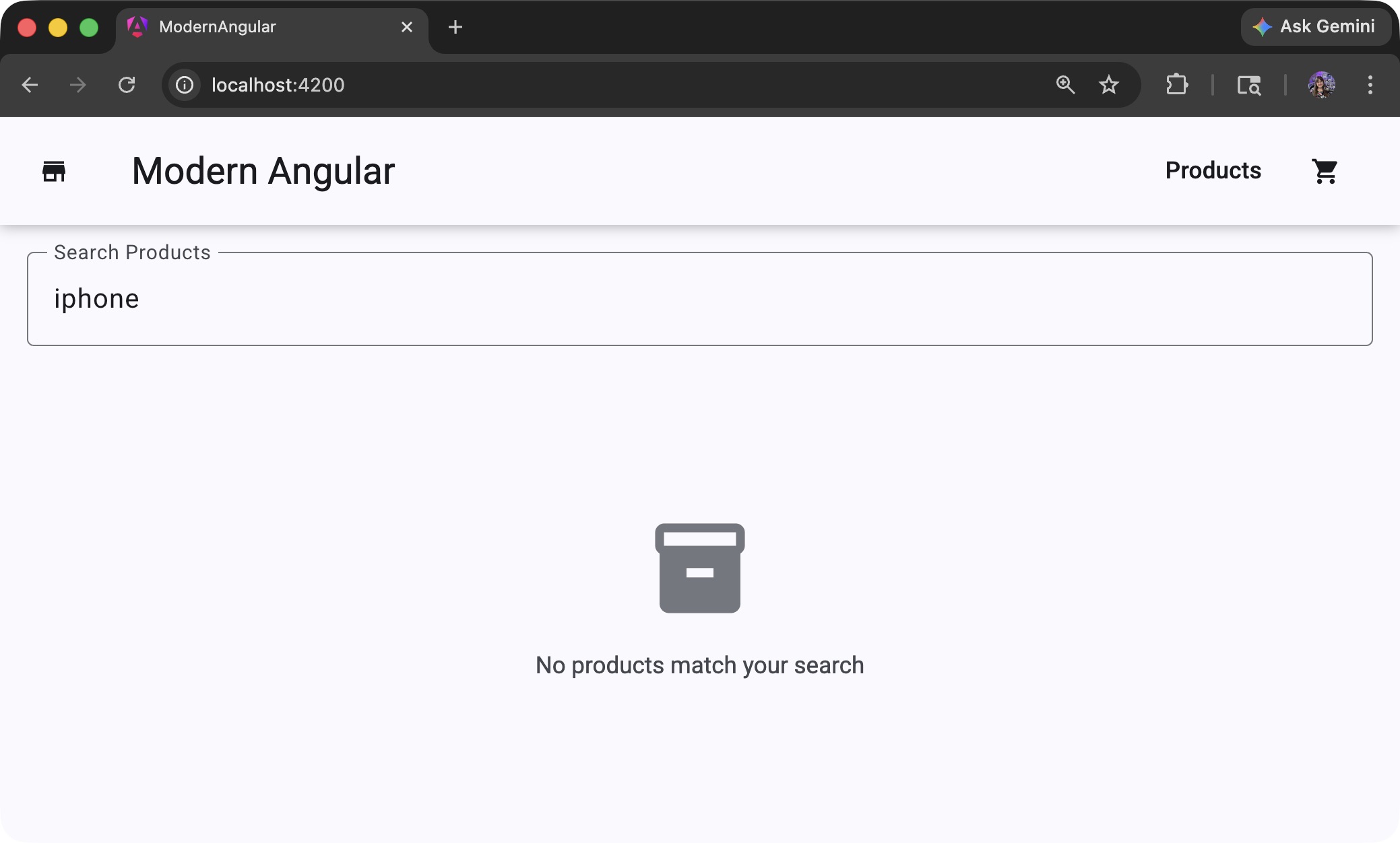 Products grid empty state when no items match the search